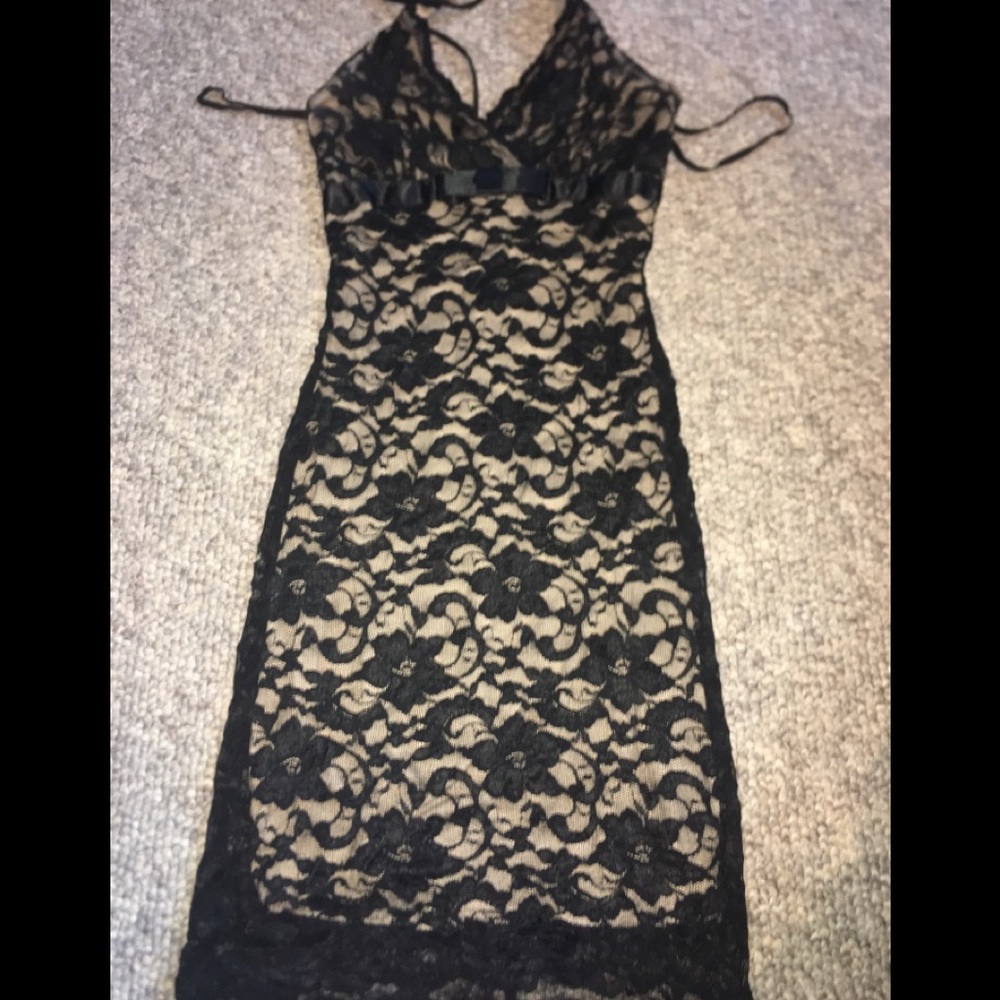 LACE HALTER DRESS - SMALL- BLACK AND TAN